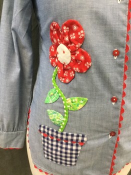 Womens, 1970s Vintage, Piece 1, CATHERINE CARR, Denim Blue, Red, Green, White, Navy Blue, Polyester, Cotton, Solid, B 38, Chambray Blouse, Red Button Front, Rickrack Trim, Pointy Collar Attached, 1 Pocket, Multiple Patterned Fabric Attached in Flower and Butterfly Pattern