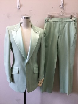 Mens, 1970s Vintage, Formal Jacket, AFTER SIX, Mint Green, Polyester, Solid, 32/8, 39 L, 32, Single Breasted, Peaked Lapel, Mint Satin Trim, 3 Pockets,