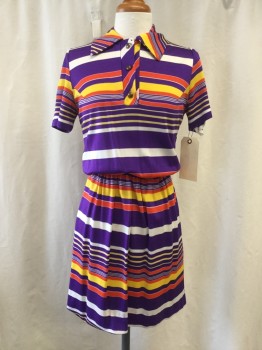 NO LABEL, Purple, White, Orange, Yellow, Synthetic, Stripes - Horizontal , 2 Buttons,  Collar Attached, Short Sleeves, Elastic Waist