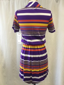 NO LABEL, Purple, White, Orange, Yellow, Synthetic, Stripes - Horizontal , 2 Buttons,  Collar Attached, Short Sleeves, Elastic Waist