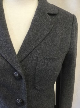Womens, Blazer, HOBBS, Heather Gray, Wool, Cashmere, 8, Single Breasted, Collar Attached, Notched Lapel, 3 Embossed Pewter Buttons, 3 Pockets, Long Sleeves