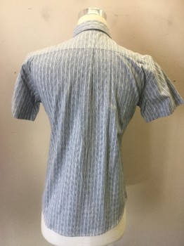 PUBLISH, Lt Blue, White, Cotton, Stripes - Vertical , Blue Chambray with White Stripes, Pullover, 1/2 Button Front, Short Sleeves, Collar Attached, 1 Pocket