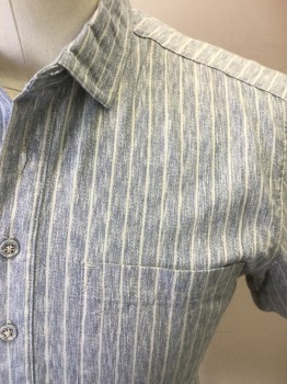 PUBLISH, Lt Blue, White, Cotton, Stripes - Vertical , Blue Chambray with White Stripes, Pullover, 1/2 Button Front, Short Sleeves, Collar Attached, 1 Pocket