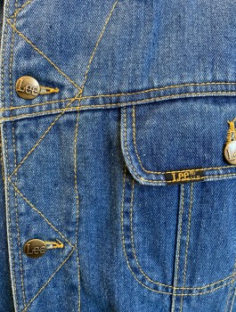 Mens, Jean Jacket, LEE, Denim Blue, Cotton, Polyester, Solid, XL, Jean Jacket, Medium Blue Denim with Tan Top Stitching, 6 Button Front, Collar Attached, 4 Pockets, Cream Fleece Lining