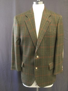 Mens, Sportcoat/Blazer, FACONNABLE, Olive Green, Navy Blue, Dk Red, Orange, Wool, Grid , 40R, Single Breasted, Collar Attached, Notched Lapel, 3 Pockets, Tan Suede Elbow Patches