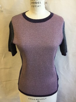 Womens, Pullover, BOSS, Dusty Rose Pink, Iridescent Purple, Wool, Polyester, Solid, S, Sparkle Dusty Rose Front with Sparkle/iridescent Purple Crew Neck Trim, Short Sleeves, Sides, and Back