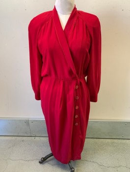 YL DRESS, Cherry Red, Silk, V-N  Wrapped Top, Gathered at Waist, Hook & Eye Waist, Button Down Skirt, L/S