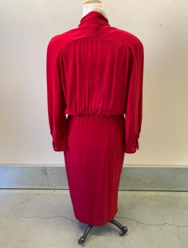 YL DRESS, Cherry Red, Silk, V-N  Wrapped Top, Gathered at Waist, Hook & Eye Waist, Button Down Skirt, L/S