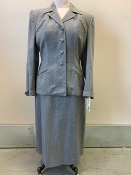 Womens, 1940s Vintage, Suit, Jacket, Geyermans, Gray, White, Wool, 2 Color Weave, B38, L/S, Button Front, Peaked Lapel, Fabric Cover Buttons on Bust and Waist, *Multiple Yellow Stains