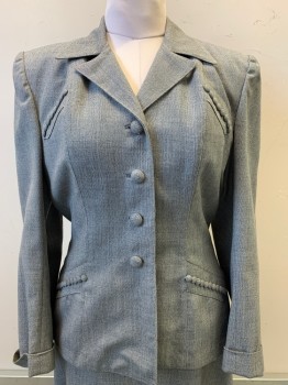 Womens, 1940s Vintage, Suit, Jacket, Geyermans, Gray, White, Wool, 2 Color Weave, B38, L/S, Button Front, Peaked Lapel, Fabric Cover Buttons on Bust and Waist, *Multiple Yellow Stains