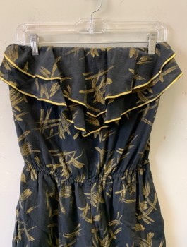 WEARABOUTS, Black, Gold, Cotton, Abstract , Paint Streaks Pattern, Strapless, 2 Layers of Ruffles at Bust with Metallic Trim, Elastic Waist, Tapered Leg