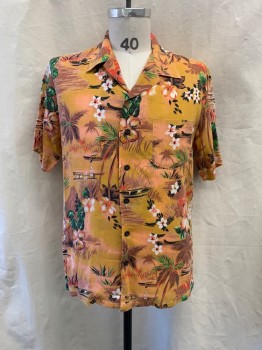 Mens, Hawaiian Shirt, KENNINGTON, Ochre Brown-Yellow, Brown, White, Black, Green, Polyester, Rayon, Tropical , L, Collar Attached, Button Front, Short Sleeves