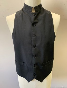 Unisex, Vest, RJ TOOMEY, Black, Polyester, Solid, 42, Priest/Clergy, 7 Button Front, Stand Collar, 2 Welt Pockets, Self Belted Back Waist