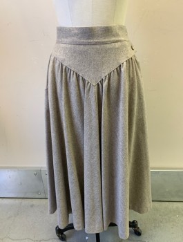 Womens, Skirt, MS. BY SAR, Oatmeal Brown, Wool, Solid, W:28, Thick Material, V Shaped Yoke At Waist With Gathers, Hem Below Knee, 2 Buttons At Side, Self Wrap Ties