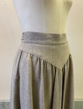 Womens, Skirt, MS. BY SAR, Oatmeal Brown, Wool, Solid, W:28, Thick Material, V Shaped Yoke At Waist With Gathers, Hem Below Knee, 2 Buttons At Side, Self Wrap Ties