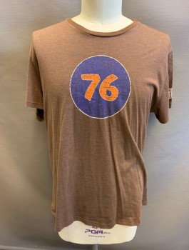 Mens, T-shirt, KOWBOYS, Brown, Poly/Cotton, Logo , L, "76" (Navy with Orange Numbers in Circle) at CF, S/S, Crew Neck