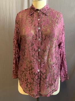 Womens, Blouse, LE LACE, Purple, Dk Brown, Polyester, Floral, B 46, Purple Floral Lace Over Dark Brown Chiffon, Clear Plastic Button Front, Collar Attached, High-Low Hem, Long Sleeves, Button Cuff