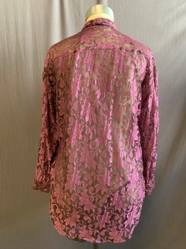 Womens, Blouse, LE LACE, Purple, Dk Brown, Polyester, Floral, B 46, Purple Floral Lace Over Dark Brown Chiffon, Clear Plastic Button Front, Collar Attached, High-Low Hem, Long Sleeves, Button Cuff