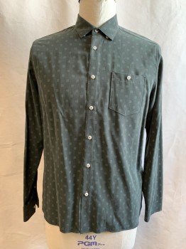Mens, Casual Shirt, TED BAKER, Dk Green, Modal, Polyester, Medallion Pattern, XXL, Dark Green with White Dotted Squares, Button Front, Collar Attached, Long Sleeves, Button Cuff, 1 Pocket