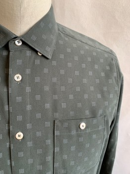 Mens, Casual Shirt, TED BAKER, Dk Green, Modal, Polyester, Medallion Pattern, XXL, Dark Green with White Dotted Squares, Button Front, Collar Attached, Long Sleeves, Button Cuff, 1 Pocket