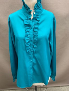 J C PENNY, Jade Green, Polyester, Solid, L/S Ruffle @Neck and CF Placket, Missing Button at Top and Bottom ( Last Button) Snap