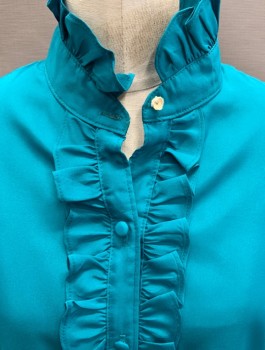 J C PENNY, Jade Green, Polyester, Solid, L/S Ruffle @Neck and CF Placket, Missing Button at Top and Bottom ( Last Button) Snap