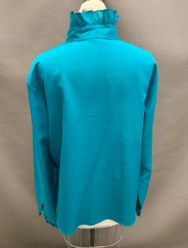 Womens, Blouse, J C PENNY, Jade Green, Polyester, Solid, XXL, 20, L/S Ruffle @Neck and CF Placket, Missing Button at Top and Bottom ( Last Button) Snap
