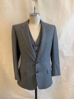 PIERRE CARDIN, Gray, Red, White, Wool, Stripes, Single Breasted, 2 Buttons, Notched Lapel, 3 Pockets, 2 Back Vents, 3 Button Cuffs