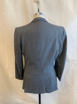 PIERRE CARDIN, Gray, Red, White, Wool, Stripes, Single Breasted, 2 Buttons, Notched Lapel, 3 Pockets, 2 Back Vents, 3 Button Cuffs