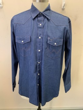 Mens, Western, WRANGLER, Denim Blue, Cotton, Solid, XL, Tan Top Stitching, L/S, Snap Front, Collar Attached, Western Style Yoke, 2 Pockets With Flaps