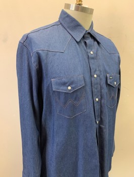 WRANGLER, Denim Blue, Cotton, Solid, Tan Top Stitching, L/S, Snap Front, Collar Attached, Western Style Yoke, 2 Pockets With Flaps