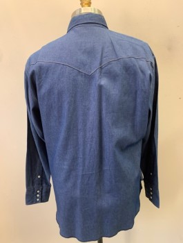 WRANGLER, Denim Blue, Cotton, Solid, Tan Top Stitching, L/S, Snap Front, Collar Attached, Western Style Yoke, 2 Pockets With Flaps