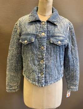 BLANK NYC, Denim Blue, Cotton, Polyester, Faded, Quilted, Snap Front, Collar Attached, 4 Pockets