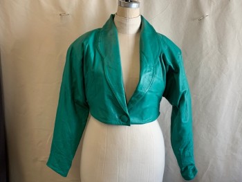 Womens, Jacket, NL, Green, Leather, Solid, L, Shawl Collar, One Button Closure, Padded Shoulders, Dolman Sleeve, Discoloring On Collar