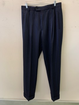 BOSS, Midnight Blue, Wool, Stripes, Almost Black, Pleated Front, 4 Pockets, Cuffed, Blue and White Stripes