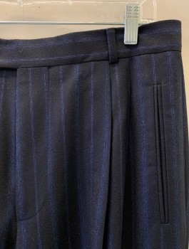 BOSS, Midnight Blue, Wool, Stripes, Almost Black, Pleated Front, 4 Pockets, Cuffed, Blue and White Stripes