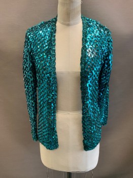 Womens, Evening Jacket, THREE FLAGS, Turquoise Blue, Acrylic, S, All Over Sequins, Knit, Open Front, L/S