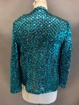 Womens, Evening Jacket, THREE FLAGS, Turquoise Blue, Acrylic, S, All Over Sequins, Knit, Open Front, L/S