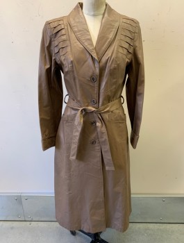 Womens, Coat, AVANTI, Taupe, Leather, Solid, B:34, 4 Buttons, Shawl Lapel, Pleated Detail At Shoulder, Rust Lining, 2 Hip Pockets, **With Matching BELT