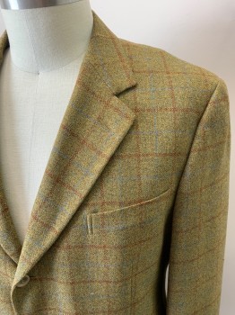 Mens, Sportcoat/Blazer, ERMENEGILDO ZEGNA, Olive Green, Lt Blue, Brown, Wool, Cashmere, Plaid-  Windowpane, 46XL, Variegated Color, 3 Buttons, Single Breasted, 3 Pockets, Notched Lapel, No Vent