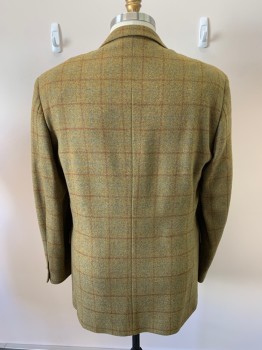 Mens, Sportcoat/Blazer, ERMENEGILDO ZEGNA, Olive Green, Lt Blue, Brown, Wool, Cashmere, Plaid-  Windowpane, 46XL, Variegated Color, 3 Buttons, Single Breasted, 3 Pockets, Notched Lapel, No Vent