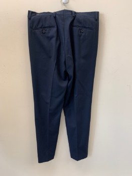 ALFANI, Navy Blue, Polyester, Wool, Slant Pockets, Zip Front, Pleated Front, 2 Welt Pockets With Buttons
