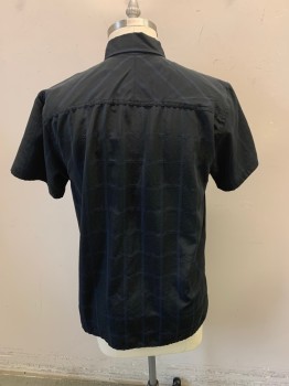 DRILL CLOTHING, Black, Blue, Polyester, Plaid-  Windowpane, Collar Attached, Button Front, Short Sleeves, 1 Pocket