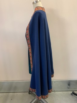 Womens, Historical Fiction Cape, NL, Navy Blue, Multi-color, Wool, Cotton, Solid, Paisley/Swirls, OS, Cording Tie, Floral Geometric Embroidery Strip Trim  At CF, Collar And Hem, Satin Lining