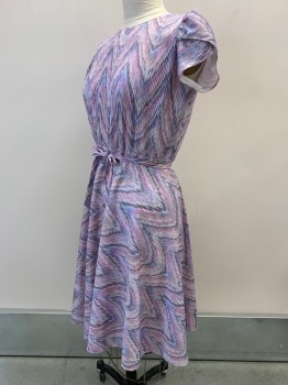 M.C.S. LTD, Purple, Off White, Gray, Magenta Pink, Blue, Polyester, Zig-Zag , Cap Sleeves, Boat Neck, Elastic Waist Band, With Matching Waist Tie