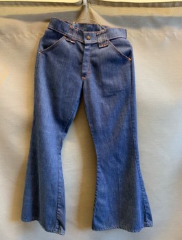 Womens, Jeans, NL, Denim Blue, Orange, Cotton, Solid, W:28, Bell Bottom, Belt Loops, 4 Pockets, Brass Front Button