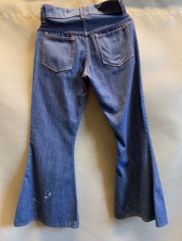 Womens, Jeans, NL, Denim Blue, Orange, Cotton, Solid, W:28, Bell Bottom, Belt Loops, 4 Pockets, Brass Front Button