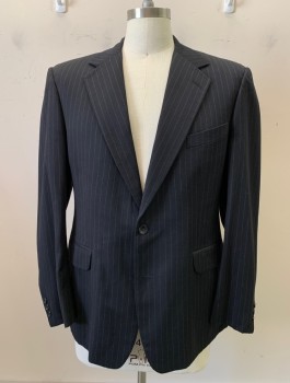 Mens, 1990s Vintage, Suit, Jacket, CLAIBORNE, Charcoal Gray, Gray, Wool, Acetate, Stripes - Chalk , 40R, Two Button, Single Vent, Flap Pockets,