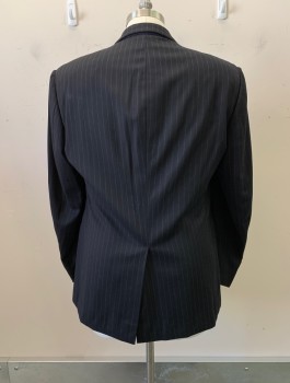 Mens, 1990s Vintage, Suit, Jacket, CLAIBORNE, Charcoal Gray, Gray, Wool, Acetate, Stripes - Chalk , 40R, Two Button, Single Vent, Flap Pockets,