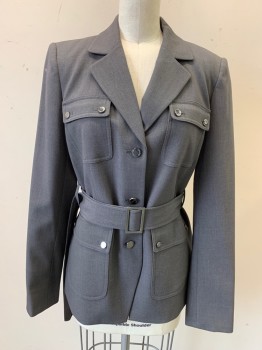 CALVIN KLEIN, Gray, Polyester, Rayon, Solid, Single Breasted, Button Front, 4 Flap Pocket, 3 Buttons,  Shoulder Burn, HAS MATCHING BELT